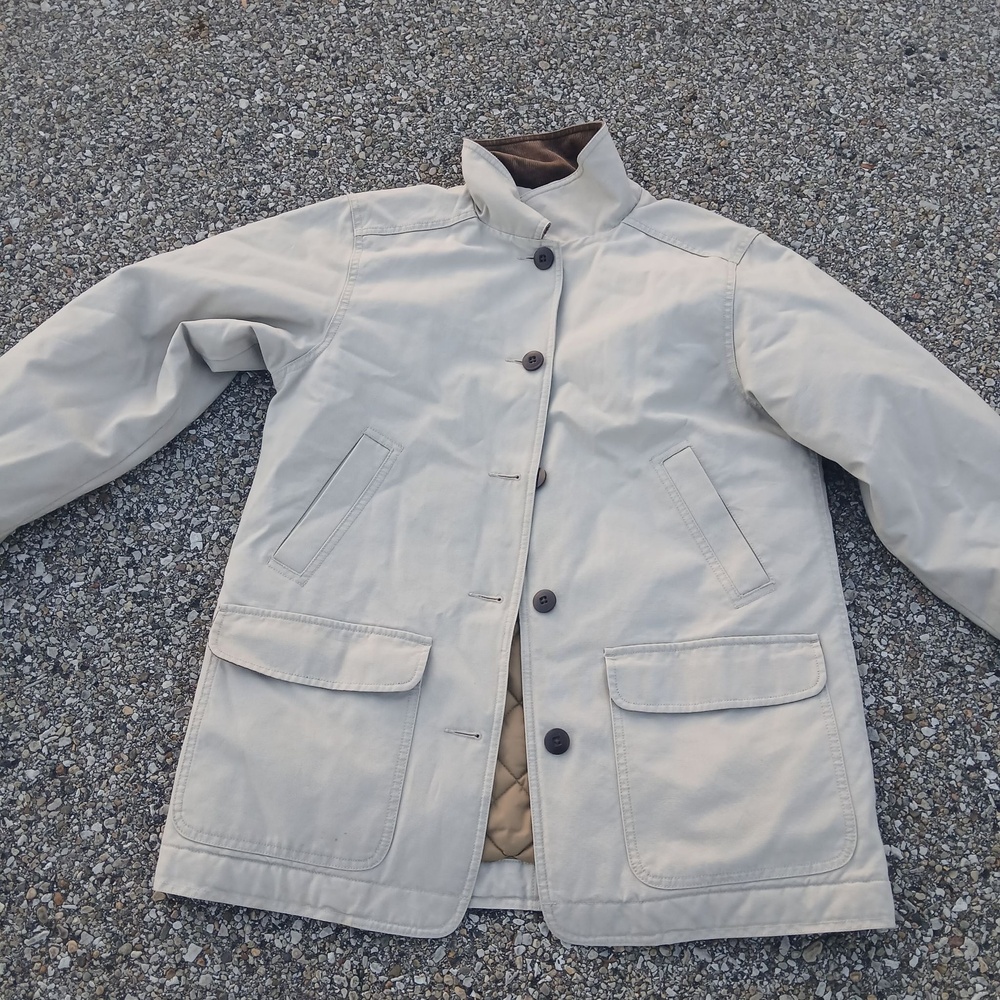 LL Bean Coat Womens Medium Beige Canvas Quilted Lined Button Front Winter Warm